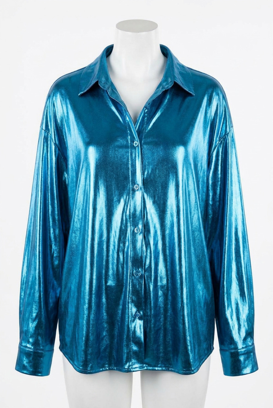 NEW BIBI silky textured shirt top in ocean blue